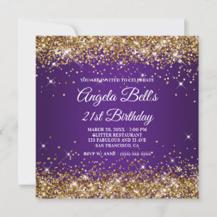 Invitación Sparkly Gold Purpurina Royal Purple 21 cumpleaños