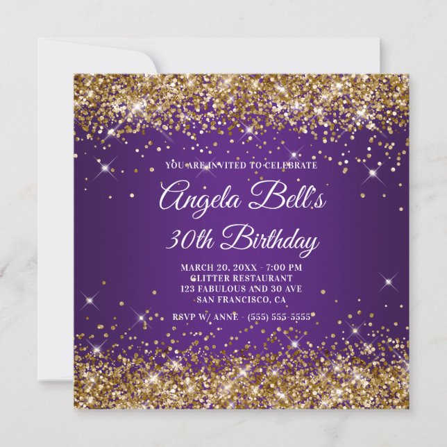 Invitación Sparkly Gold Purpurina Royal Purple 30 cumpleaños (Anverso)
