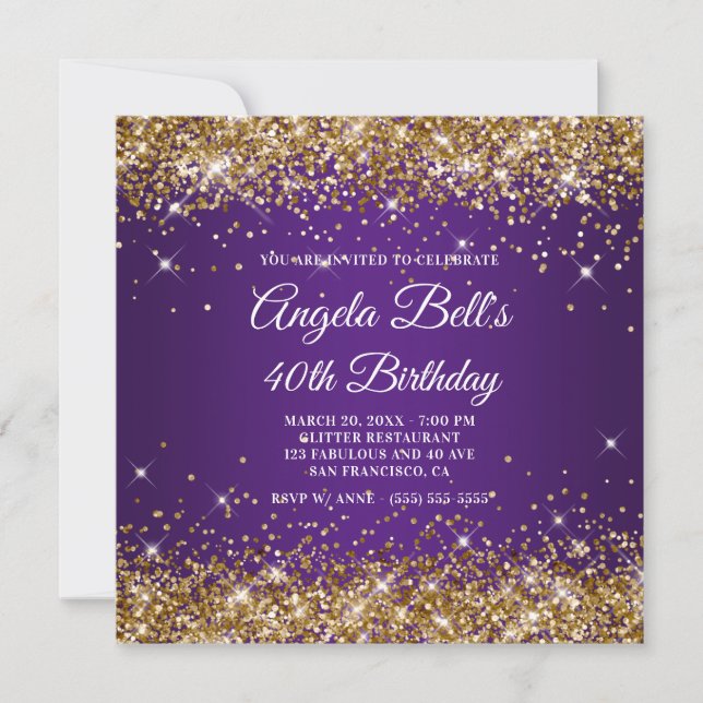 Invitación Sparkly Gold Purpurina Royal Purple 40 cumpleaños (Anverso)