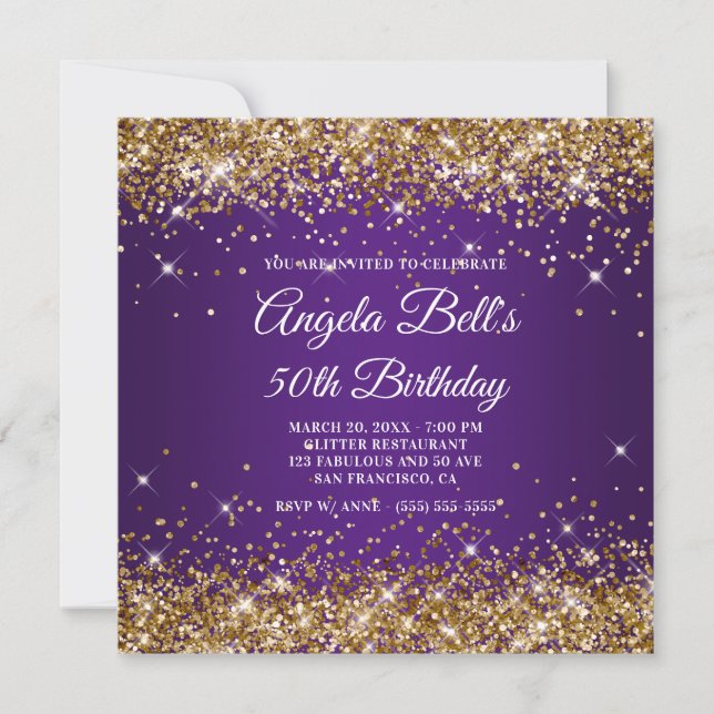 Invitación Sparkly Gold Purpurina Royal Purple 50 cumpleaños (Anverso)