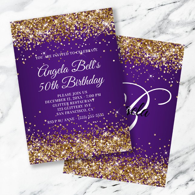 Invitación Sparkly Gold Purpurina Royal Purple 50 cumpleaños (Sparkly Gold Glitter Royal Purple 50th Birthday Invitation)