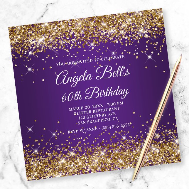Invitación Sparkly Gold Purpurina Royal Purple 60 cumpleaños (Subido por el creador)
