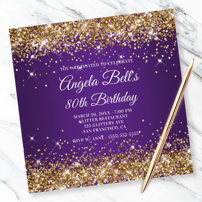 Invitación Sparkly Gold Purpurina Royal Purple 80 cumpleaños (Subido por el creador)