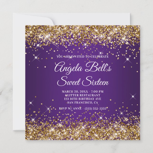 Invitación Sparkly Gold Purpurina Royal Purple Sweet (Anverso)