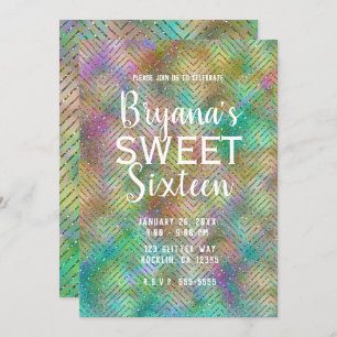 Invitación Sparkly Gold Rainbow Luces Chevron Sweet 16 Fiesta