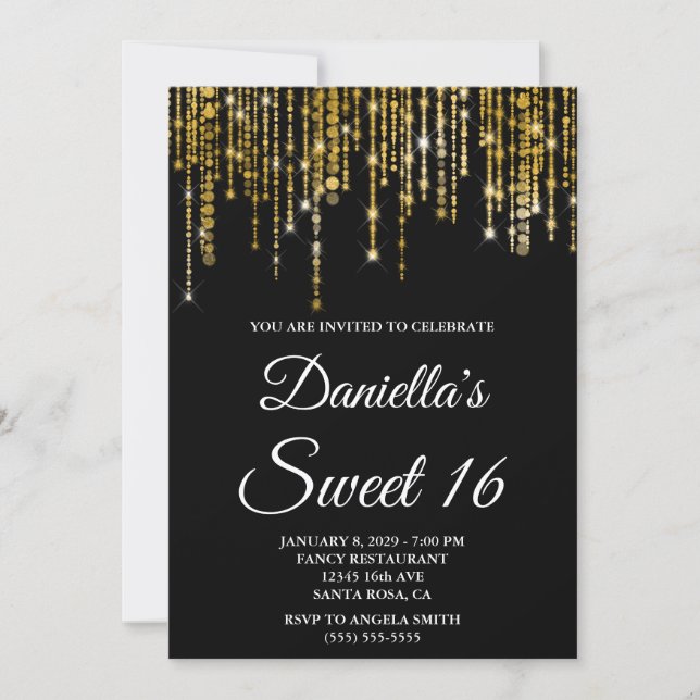 Invitación Sparkly Gold String Lights Black Sweet 16 (Anverso)