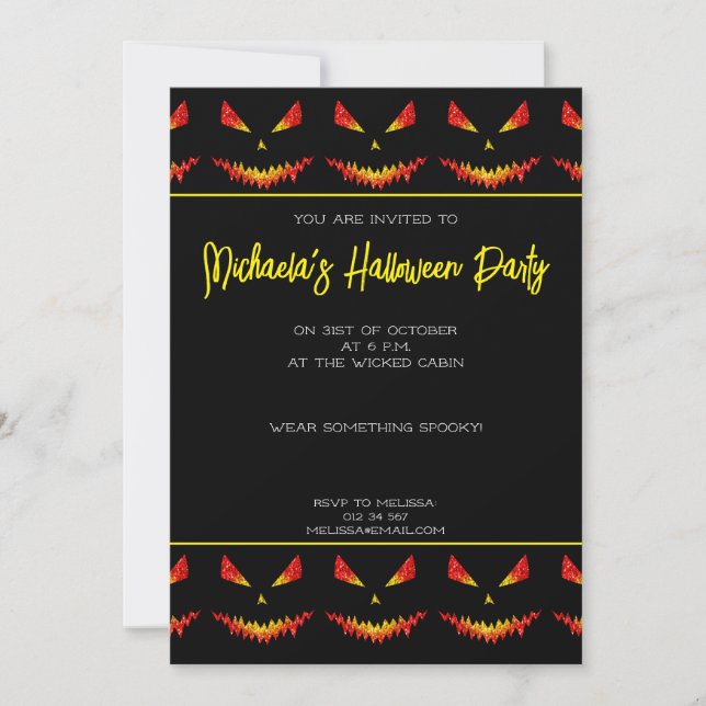 Invitación Sparkly Jack O'Lantern Halloween patrón negro (Anverso)