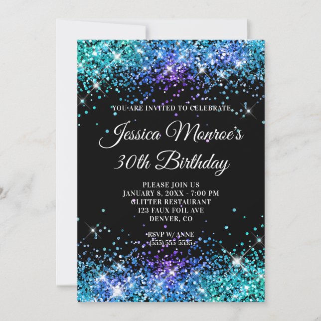Invitación Sparkly Mermaid Purpurina Black 30th Birthday (Anverso)