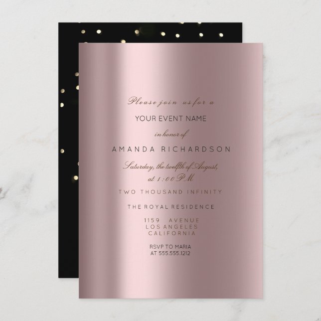 Invitación Sparkly Metallic Gold Black Confetti Mauve Pink (Anverso / Reverso)