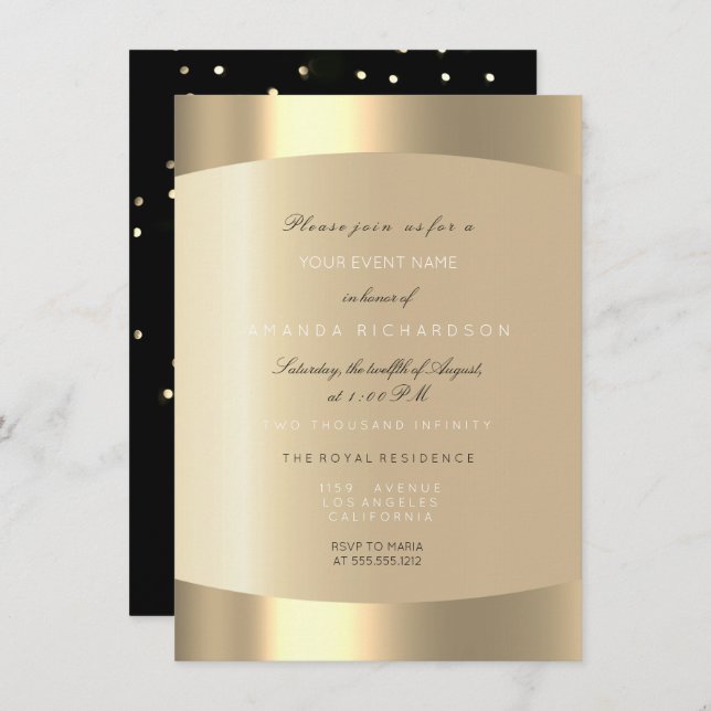 Invitación Sparkly Metallic Gold Black Confetti Sepia VIP (Anverso / Reverso)