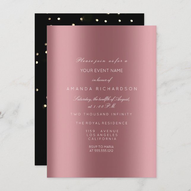 Invitación Sparkly Metallic Gold Black Sepia Confetti Rosa (Anverso / Reverso)