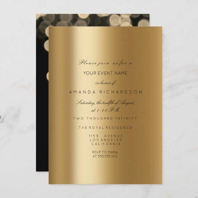 Invitación Sparkly Metallic Oro Negro Sepia Big DotsConfetti (Anverso / Reverso)