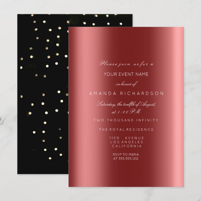Invitación Sparkly Metallic Oro Negro Sepia Confetti Burgund (Anverso / Reverso)