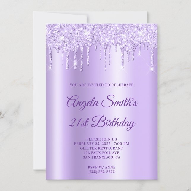Invitación Sparkly Pale Purple Glitter Drips Lavender Ombre (Anverso)