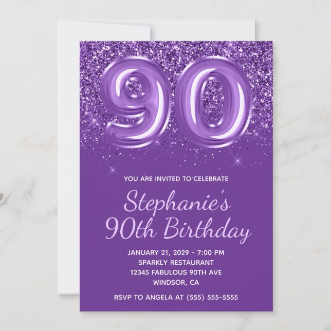 Invitación Sparkly Purpurinoso Royal Purple Número 90 Cumplea (Anverso)