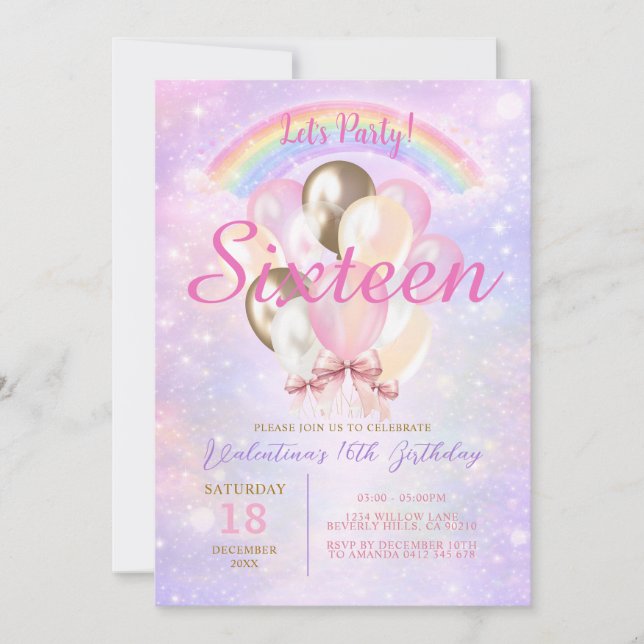 Invitación Sparkly Rainbow Glitter Balloon 16th Birthday (Anverso)