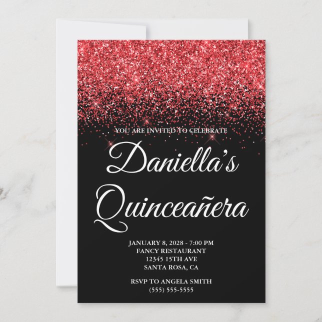 Invitación Sparkly Red Purpurina Black Quinceañera (Anverso)