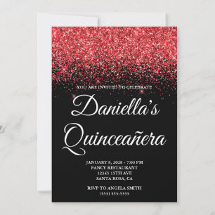 Invitación Sparkly Red Purpurina Black Quinceañera