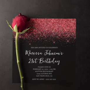 Invitación Sparkly Red Purpurina Negro cumpleaños 21