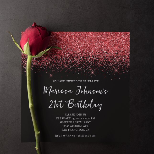 Invitación Sparkly Red Purpurina Negro cumpleaños 21 (Sparkly Red Glitter Black 21st Birthday Invitation)