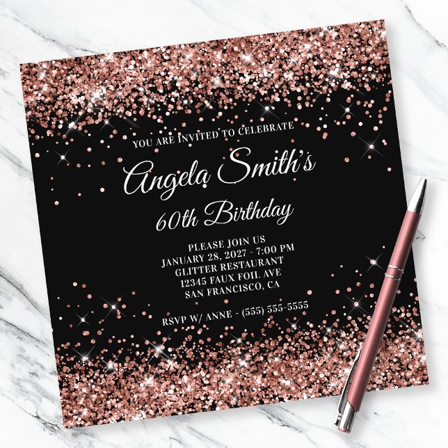 Invitación Sparkly Rosa Purpurina de oro 60 cumpleaños negro (Subido por el creador)