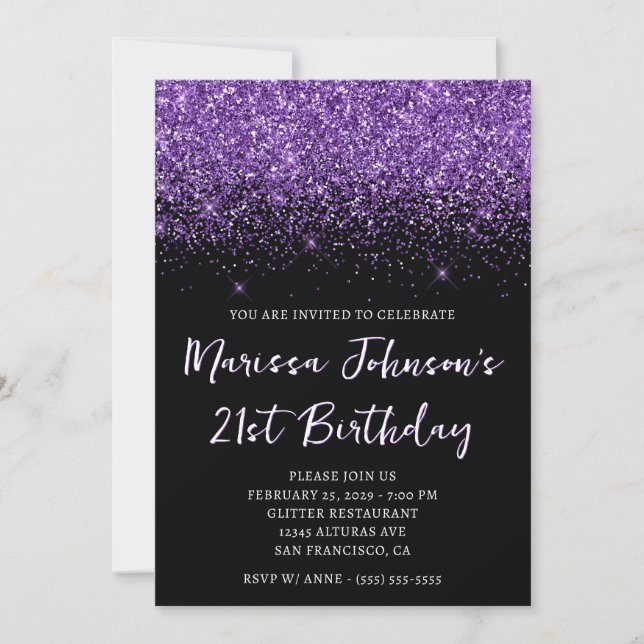 Invitación Sparkly Royal Purple Purpurina Black 21 cumpleaños (Anverso)