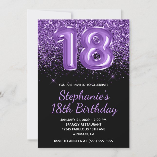 Invitación Sparkly Royal Purple Purpurina Negro número 18 (Anverso)