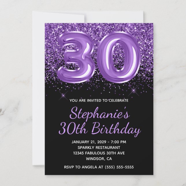 Invitación Sparkly Royal Purple Purpurina Negro número 30 (Anverso)