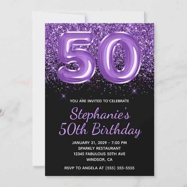 Invitación Sparkly Royal Purple Purpurina Negro número 50 (Anverso)