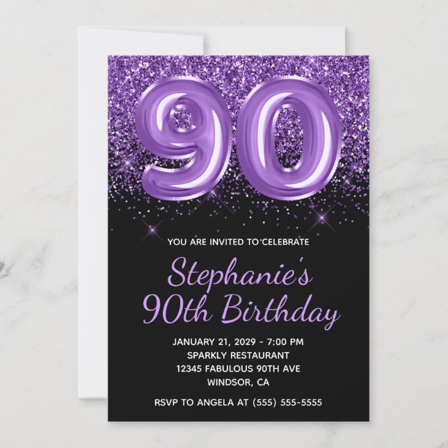 Invitación Sparkly Royal Purple Purpurina Negro Número 90 (Anverso)