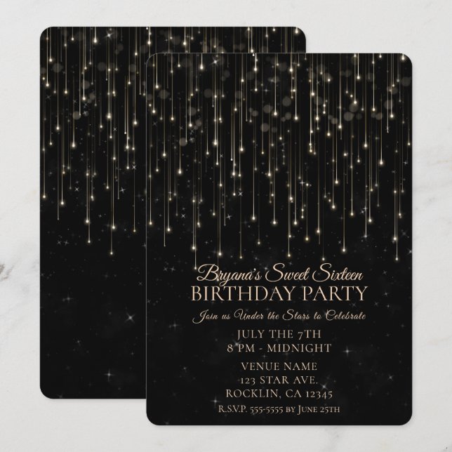 Invitación Sparkly Shooting Stars Black Moda Sweet 16 (Anverso / Reverso)