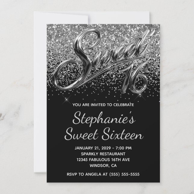 Invitación Sparkly Silver Glitter Black Chrome Sweet 16 (Anverso)