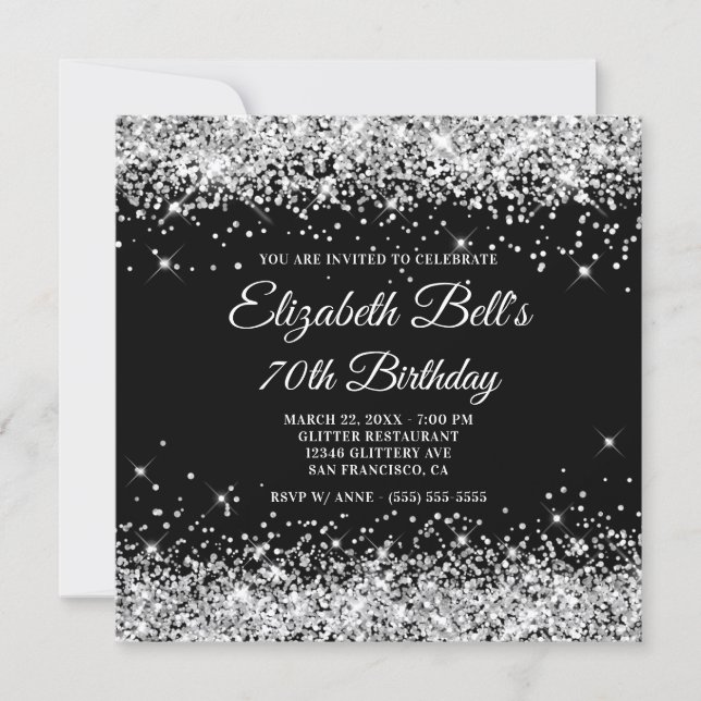Invitación Sparkly Silver Glitter Black Color 70th Birthday (Anverso)