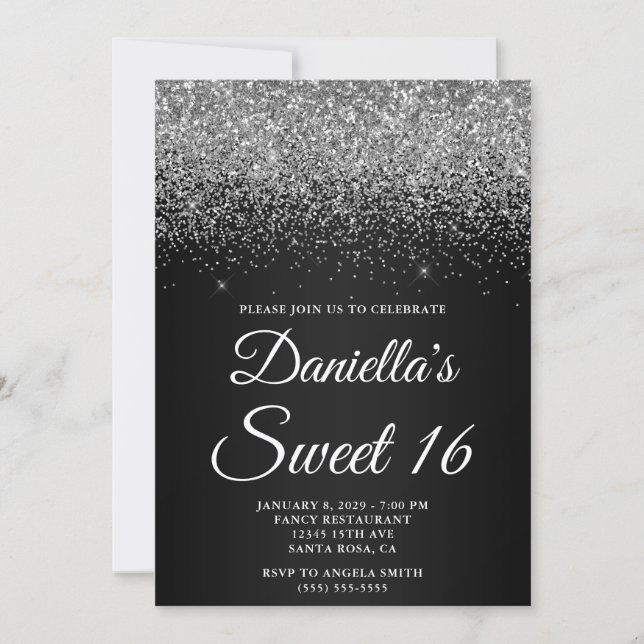 Invitación Sparkly Silver Glitter Black Gradient Sweet 16 (Anverso)