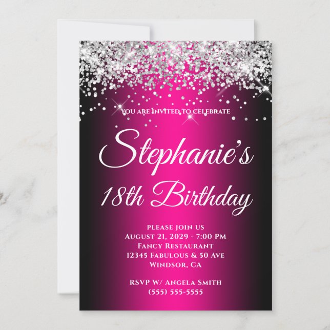 Invitación Sparkly Silver Glitter Black Magenta 18th Birthday (Anverso)