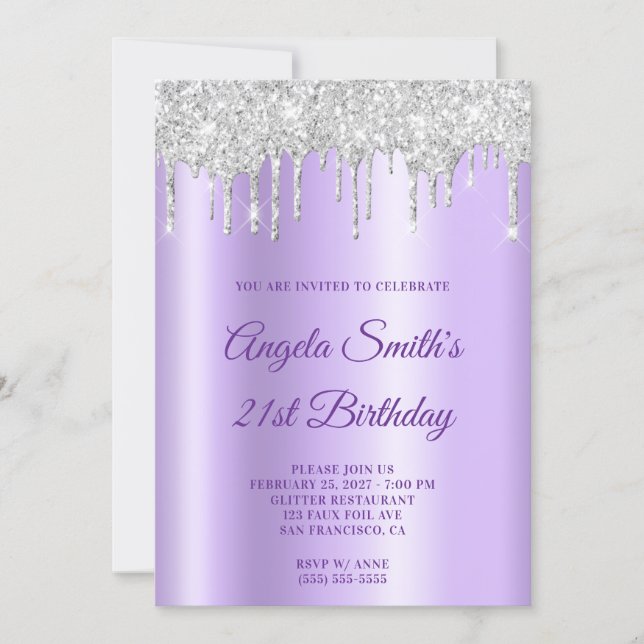 Invitación Sparkly Silver Glitter Drips Lavender Ombre (Anverso)