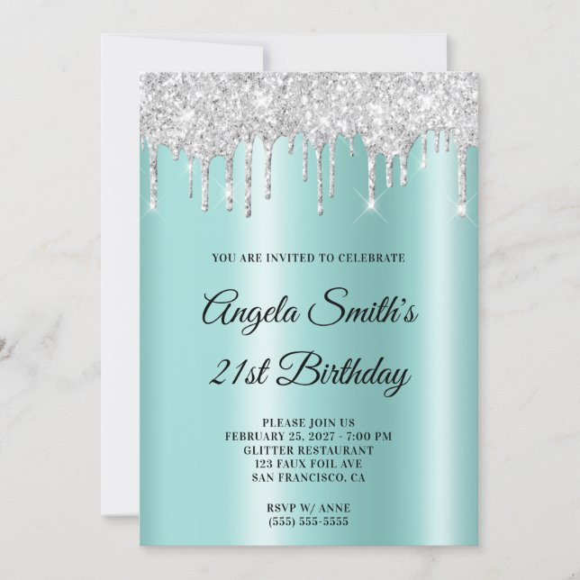 Invitación Sparkly Silver Glitter Drips Light Teal Ombre (Anverso)