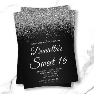 Invitación Sparkly Silver Glitter Gradiente Negro Dulces 16