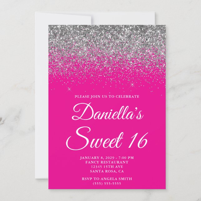 Invitación Sparkly Silver Glitter Hot Pink Sweet 16 (Anverso)