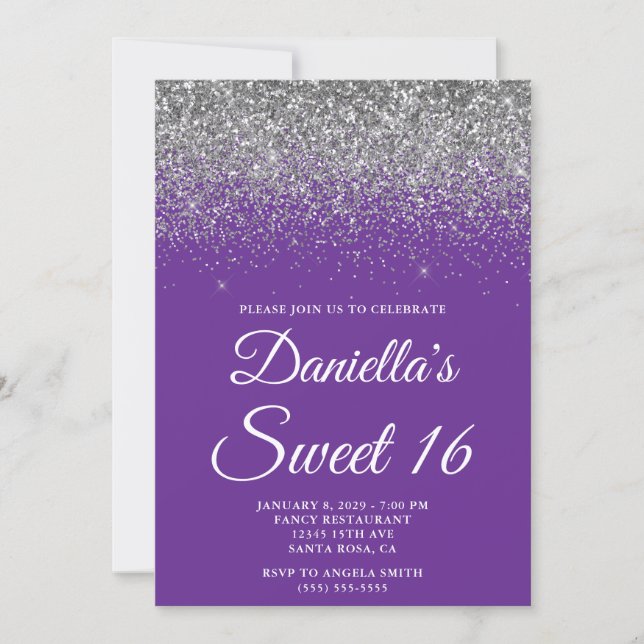 Invitación Sparkly Silver Glitter Royal Purple Sweet 16 (Anverso)