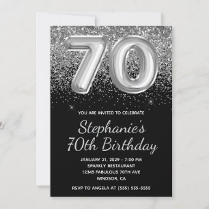 Invitación Sparkly Silver Purpurina Balón negro 70 cumpleaños