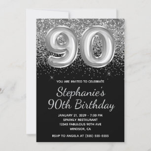 Invitación Sparkly Silver Purpurina Balón negro 90 cumpleaños