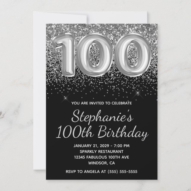 Invitación Sparkly Silver Purpurina Black 100 cumpleaños (Anverso)