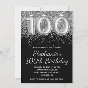 Invitación Sparkly Silver Purpurina Black 100 cumpleaños