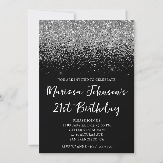 Invitación Sparkly Silver Purpurina Black 21st Birthday (Anverso)