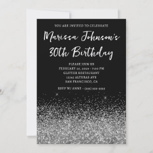Invitación Sparkly Silver Purpurina Black 30 cumpleaños