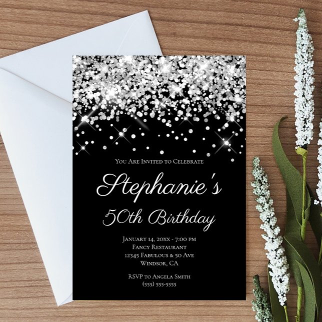 Invitación Sparkly Silver Purpurina Black Elegant 50 cumpleañ (Create your own silvery faux glitter and black birthday invitatoin.)