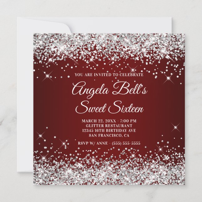 Invitación Sparkly Silver Purpurina Dark Red Sweet Dieciséis (Anverso)