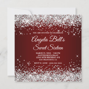 Invitación Sparkly Silver Purpurina Dark Red Sweet Dieciséis