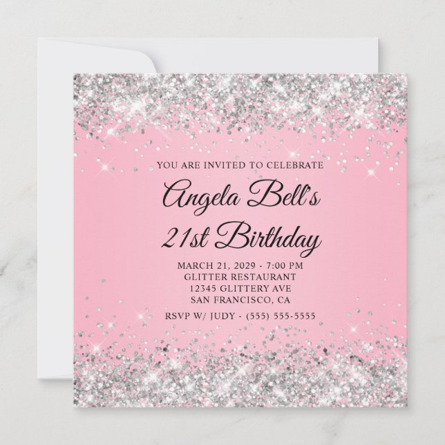 Invitación Sparkly Silver Purpurina Pink 21º cumpleaños (Anverso)